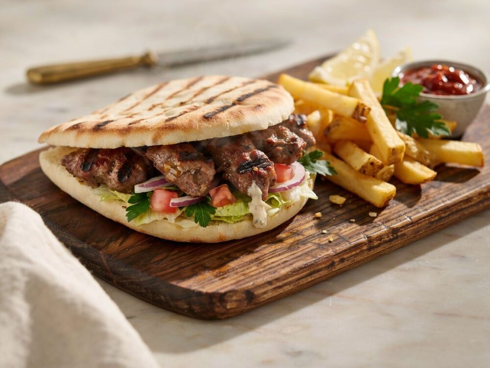 kebab z frytkami na talerzu
